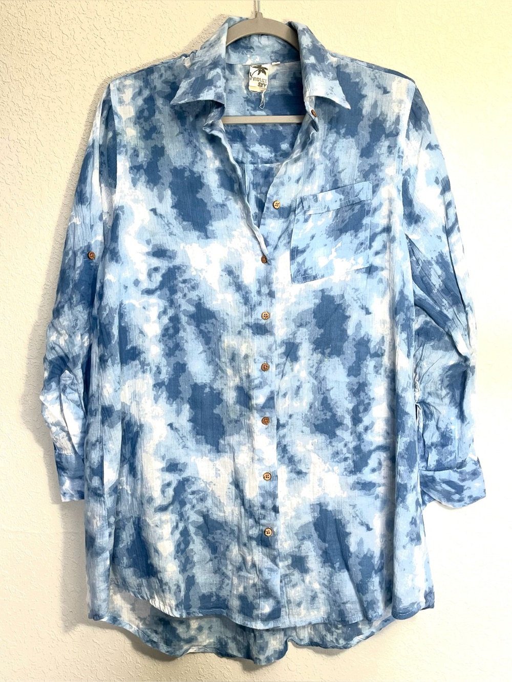 VIOLET SKY 100% Cotton Blue Oversized Tunic Small Boho Cover Up Resort Coastal